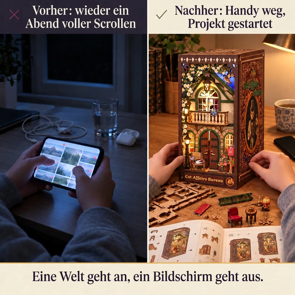 Vorher/Nachher: Handy weg, Aufbau von Büro für Katzenangelegenheiten