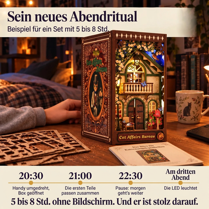 Ein Bauabend mit Büro für Katzenangelegenheiten