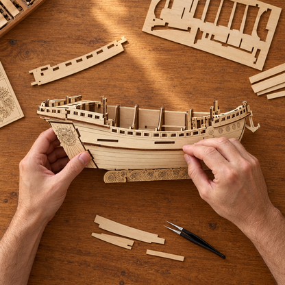 Montage vu du dessus : deux mains assemblent la coque du voilier en bois