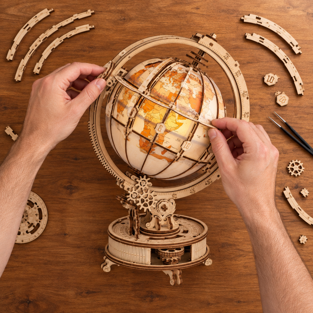 Montage vu du dessus : deux mains assemblent les lattes du globe en bois