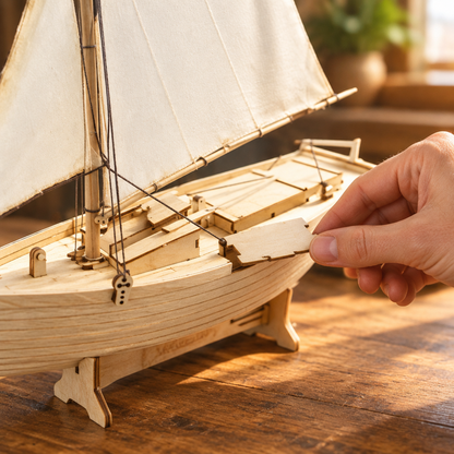 Une main place une piece de bois sur le voilier partiellement assemble