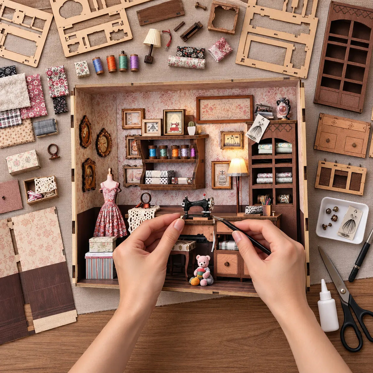 Montage de L'Atelier de Couture de Lily vu du dessus avec mains et outils