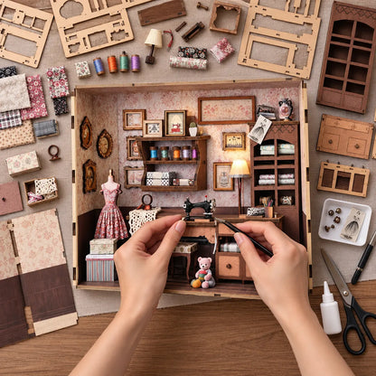 Montage de L'Atelier de Couture de Lily vu du dessus avec mains et outils