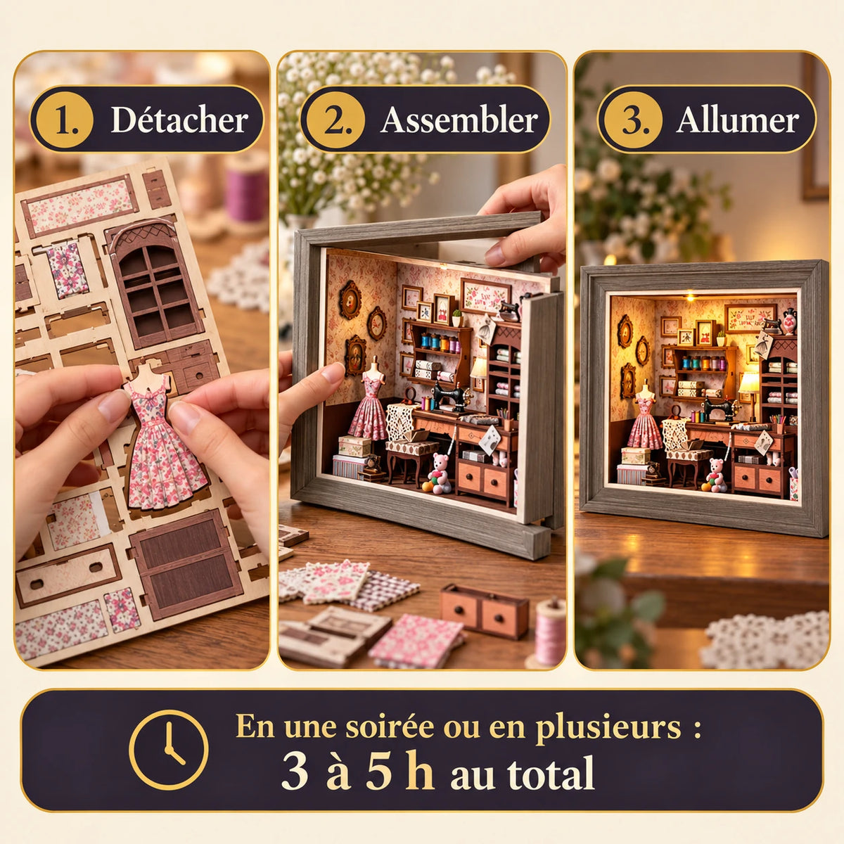Build steps of the Lily's Sewing Studio kit in 3 to 5 hours