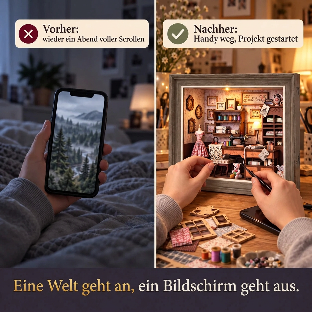 Vorher/Nachher: Handy weg, Aufbau von Lilys Nähatelier