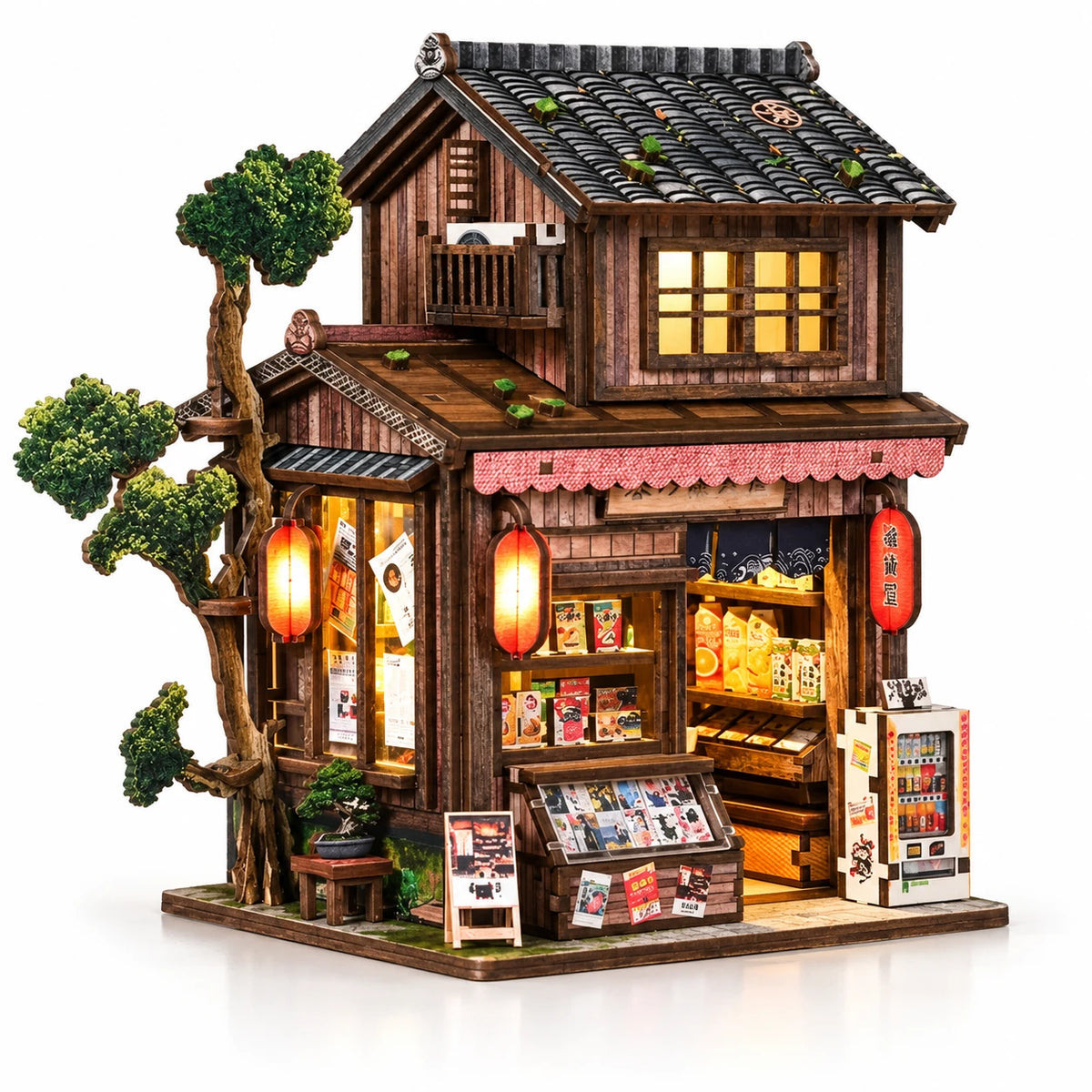 Bazar de Kyoto NOOKO, épicerie japonaise miniature à deux étages avec LED sur fond blanc