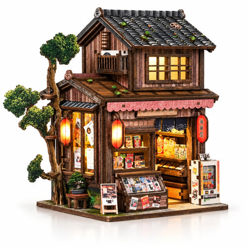 Bazar de Kyoto NOOKO, épicerie japonaise miniature à deux étages avec LED sur fond blanc