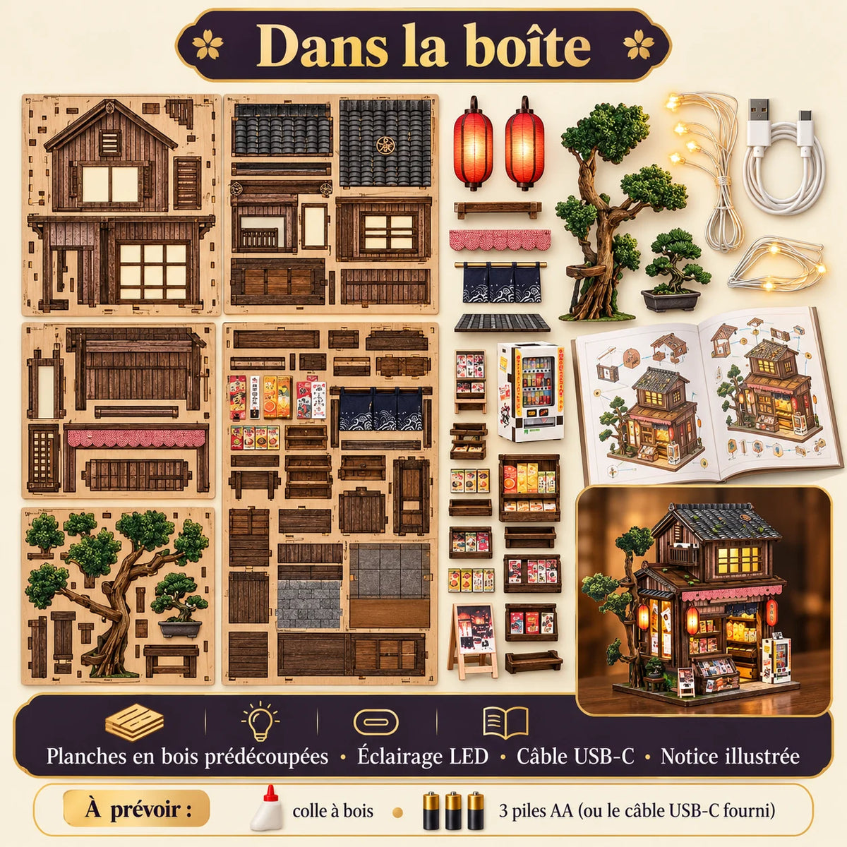 Contenu de la boîte du Bazar de Kyoto avec bois prédécoupé, LED, câble USB-C et notice
