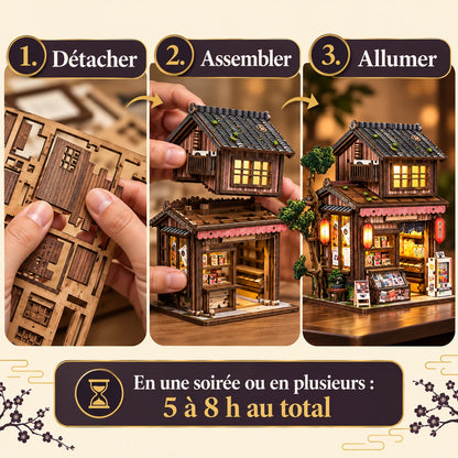 Trois étapes de montage du Bazar de Kyoto : détacher, assembler et allumer