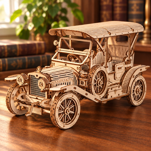 Maquette de voiture classique en bois assemblee, posee sur un bureau