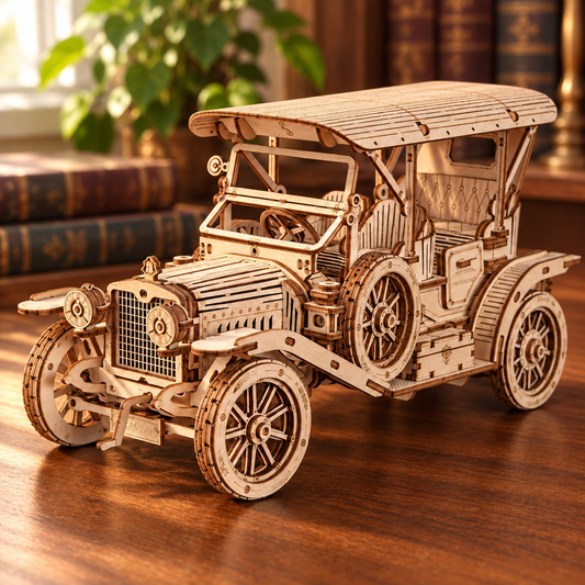 Maquette de voiture classique en bois assemblee, posee sur un bureau