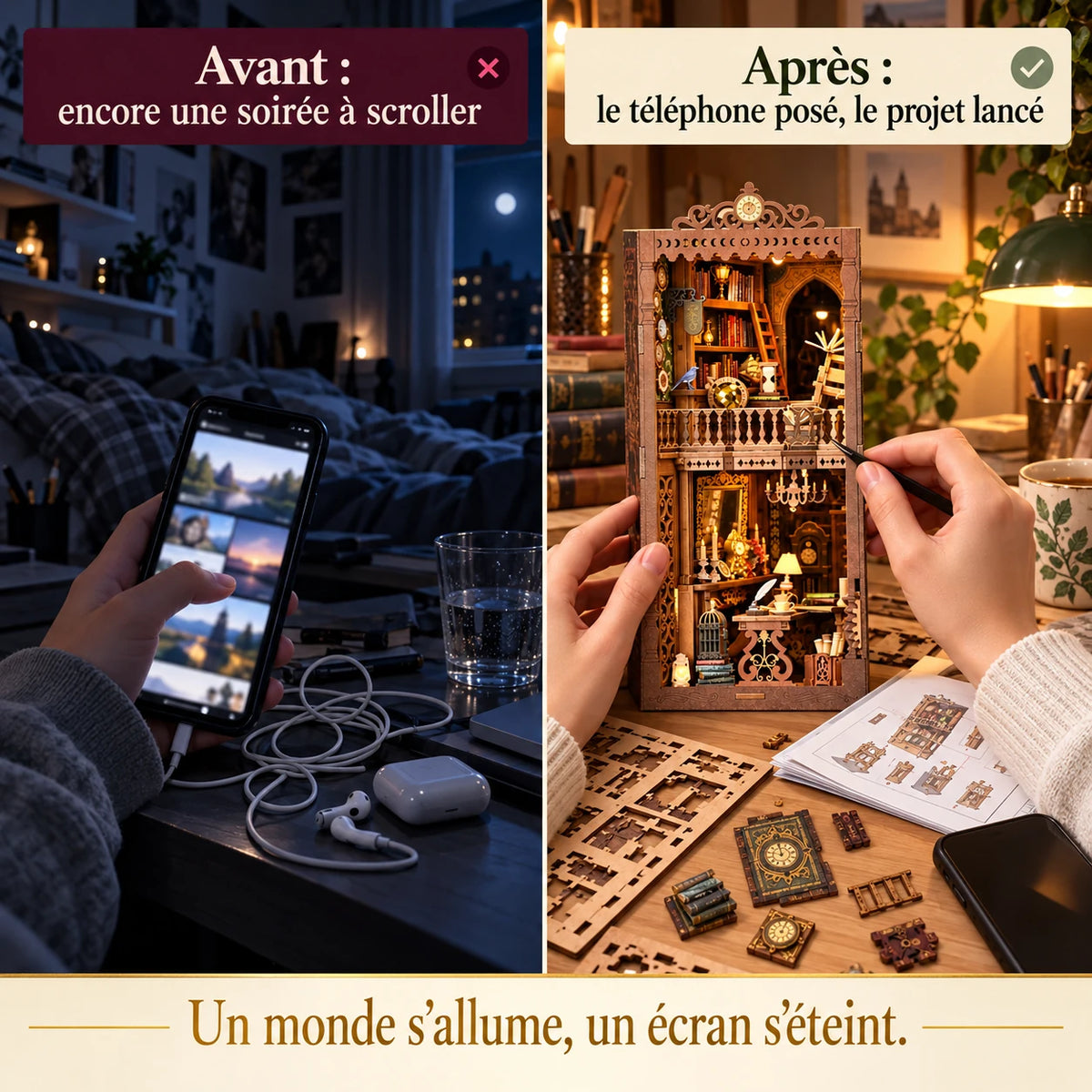 Avant après : téléphone posé et montage de La Bibliothèque de l’Horloge lancé