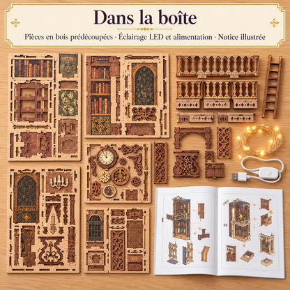 Contenu du kit La Bibliothèque de l’Horloge : pièces en bois, LED et notice