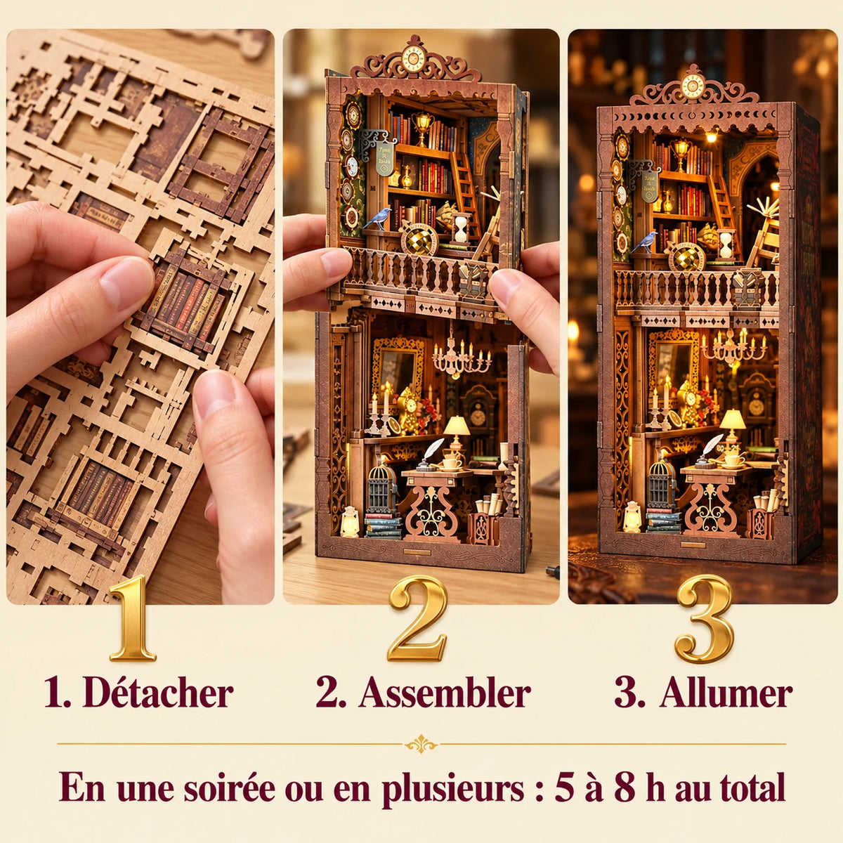 Étapes de montage de La Bibliothèque de l’Horloge jusqu’à l’allumage
