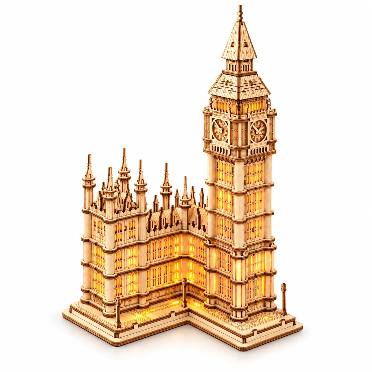 Leuchtender Big Ben von NOOKO, aufgebaut und beleuchtet, auf weißem Hintergrund