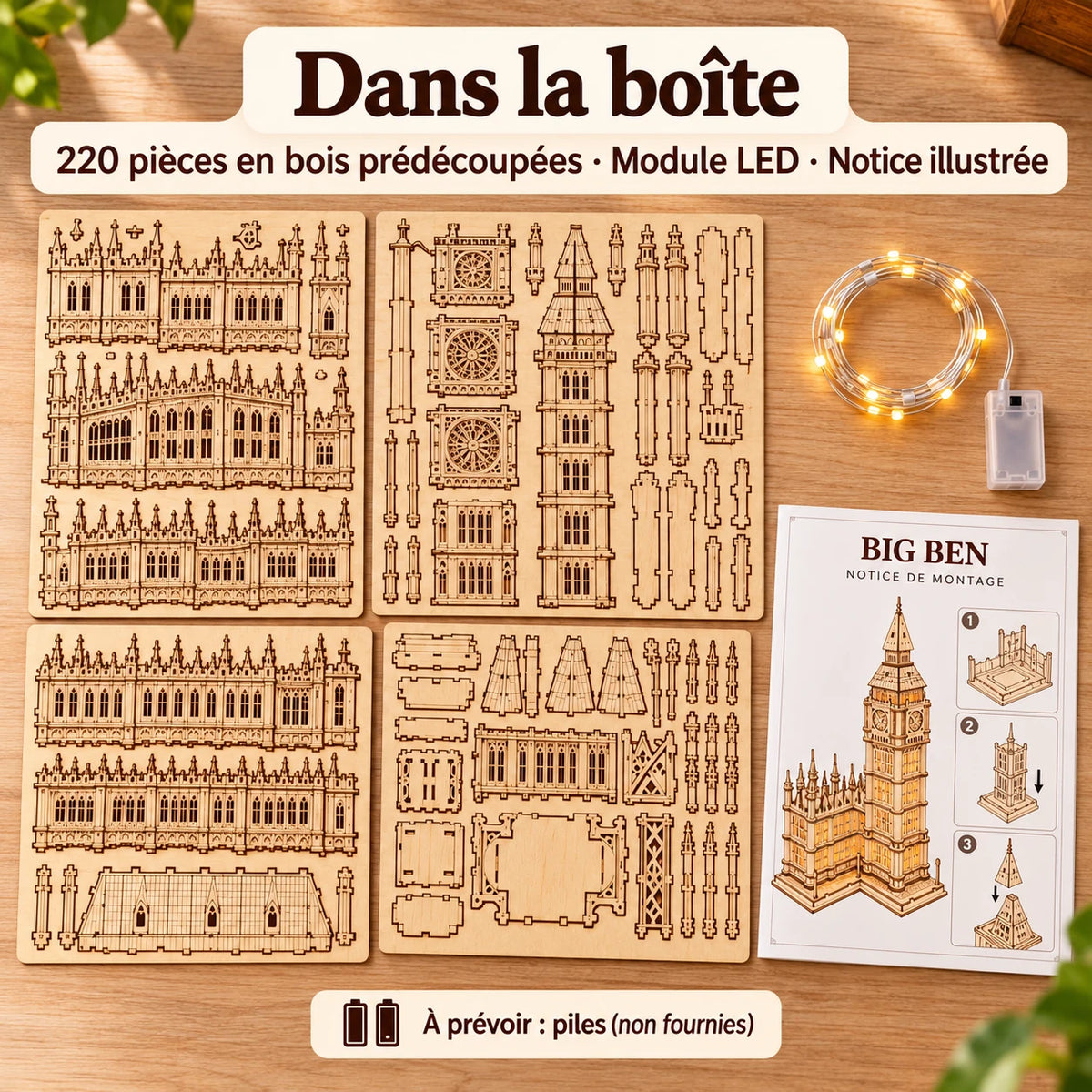 What's in the Big Ben kit: 220 wooden pieces, LED module and instructions