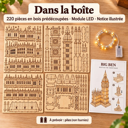 What's in the Big Ben kit: 220 wooden pieces, LED module and instructions