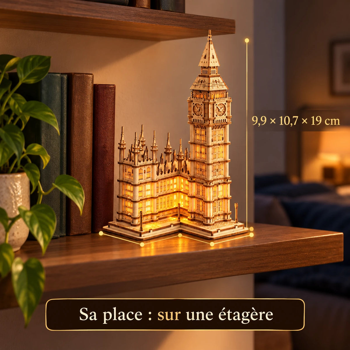 Illuminated Big Ben on a shelf, dimensions 9.9 × 10.7 × 19 cm