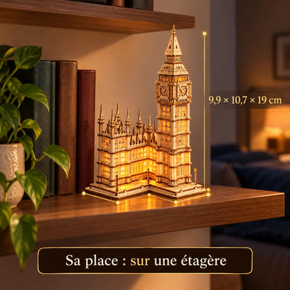 Illuminated Big Ben on a shelf, dimensions 9.9 × 10.7 × 19 cm