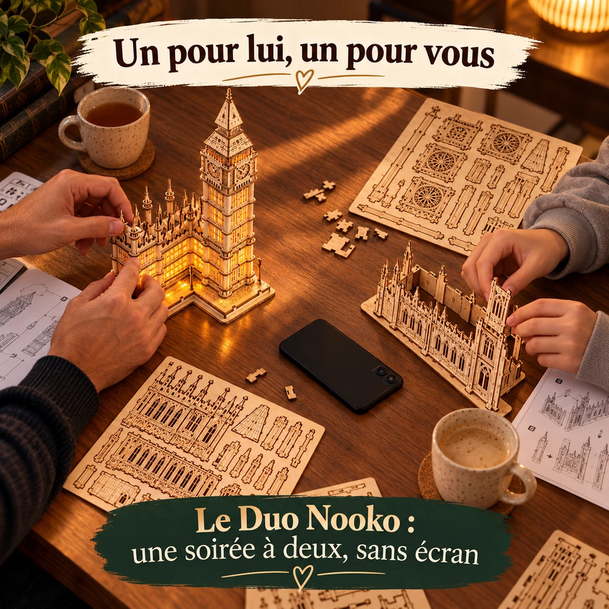 Nooko Duo: an adult and a teen build two kits, including the Big Ben kit