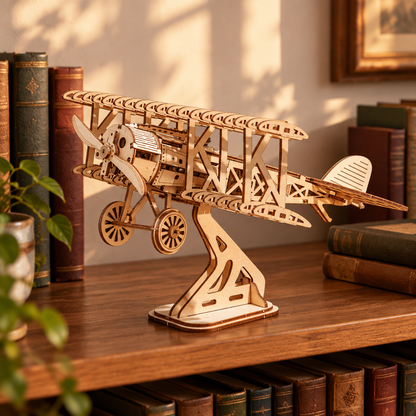 Le biplan en bois expose sur une etagere de bibliotheque entoure de livres
