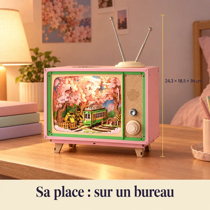 The Sakura Music Box on a desk, dimensions 24.3 × 18.5 × 36 cm