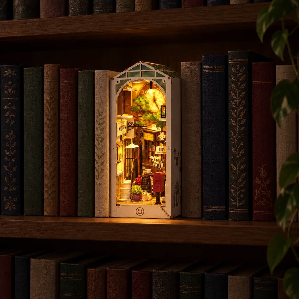 Le book nook allume le soir dans une bibliotheque, seul point lumineux de la piece