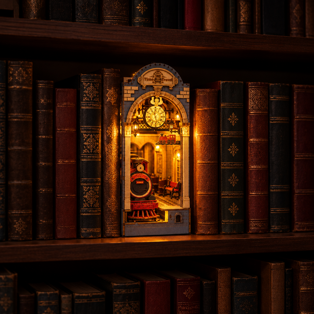 Le book nook allume le soir dans une bibliotheque, seul point lumineux de la piece