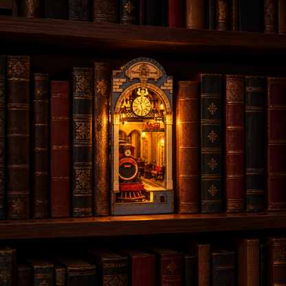 Le book nook allume le soir dans une bibliotheque, seul point lumineux de la piece