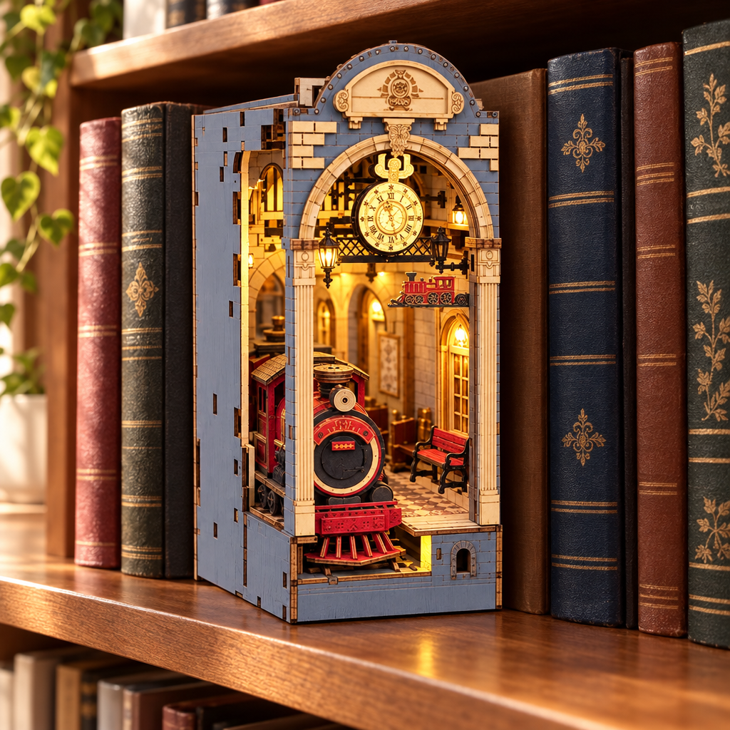 Book nook en bois eclaire, glisse entre des livres sur une etagere