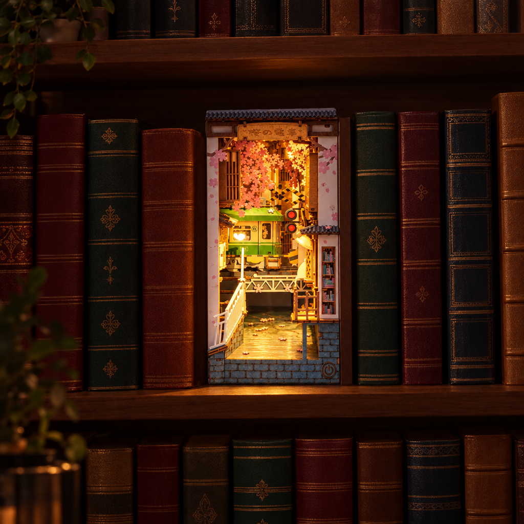 Le book nook allume le soir dans une bibliotheque, seul point lumineux de la piece
