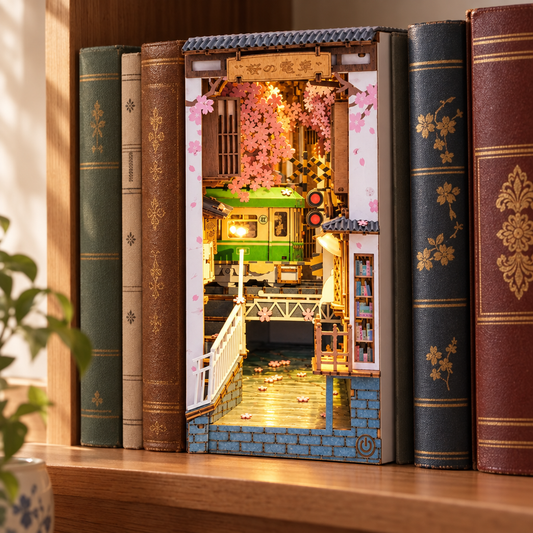 Book nook en bois avec tram et cerisiers, glisse entre des livres sur une etagere