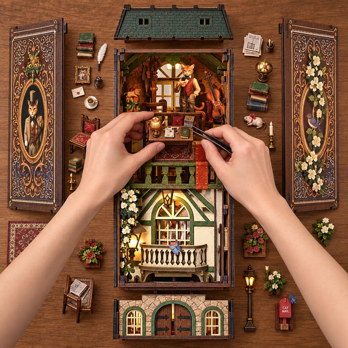 Montage du Bureau des Affaires Félines vu du dessus avec mains et bureau miniature