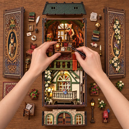 Montage du Bureau des Affaires Félines vu du dessus avec mains et bureau miniature