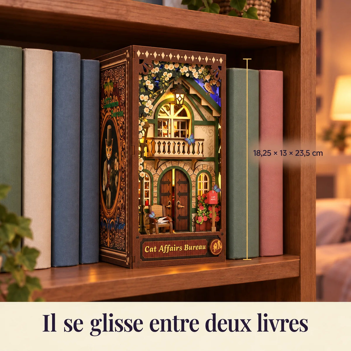 Bureau of Feline Affairs between two books, facade and actual dimensions