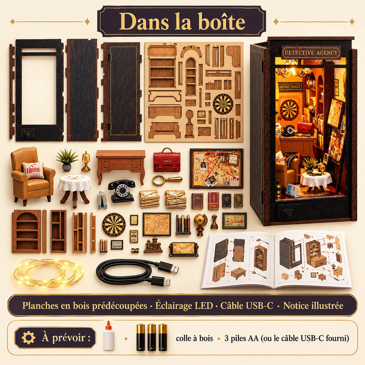 Contenu de la boîte du Bureau du Détective avec bois prédécoupé, LED, câble USB-C et notice