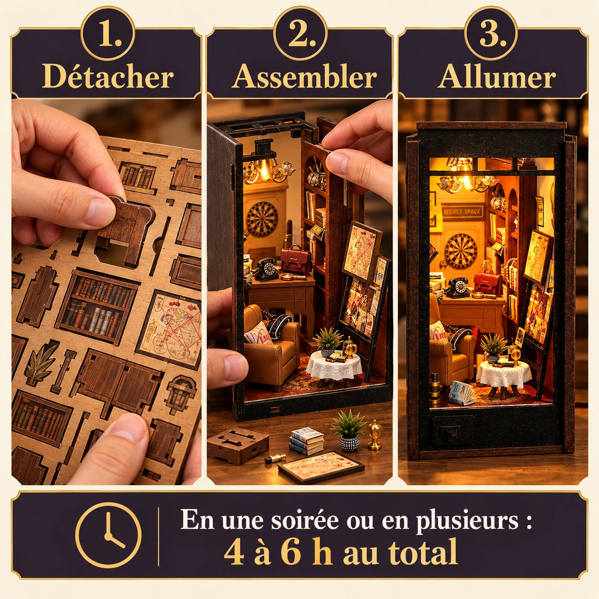 Trois étapes de montage du Bureau du Détective : détacher, assembler et allumer