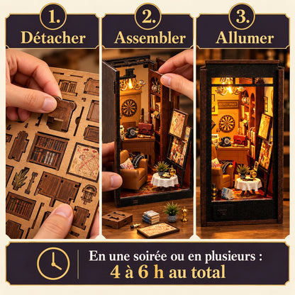 Trois étapes de montage du Bureau du Détective : détacher, assembler et allumer