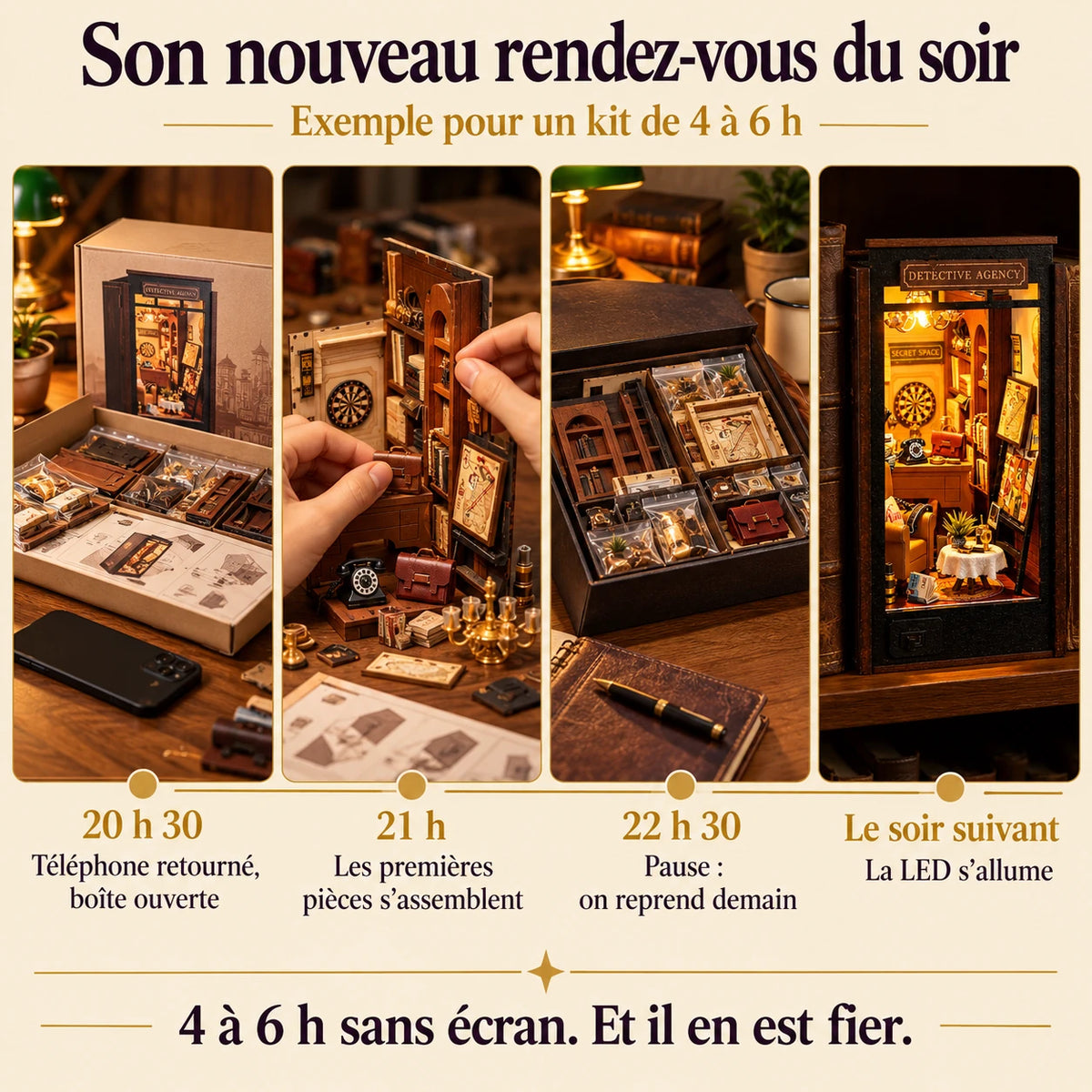 Frise de montage du Bureau du Détective sur deux soirées, de la boîte à la LED allumée
