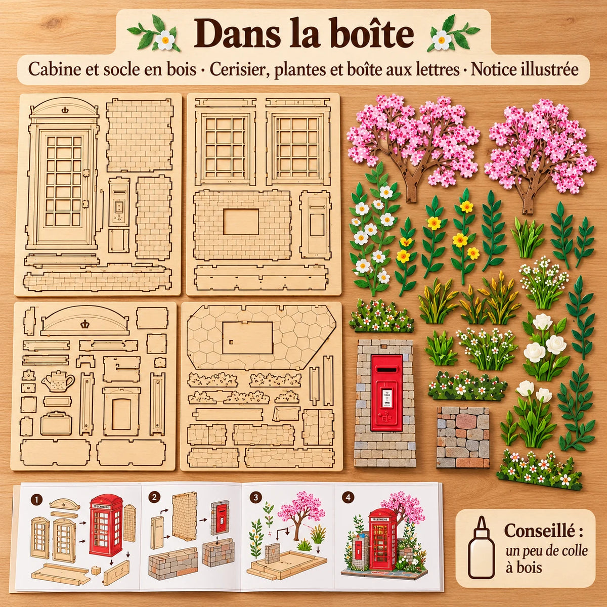 Contenu du kit Cabine Téléphonique Fleurie : cabine, socle, cerisier et décor