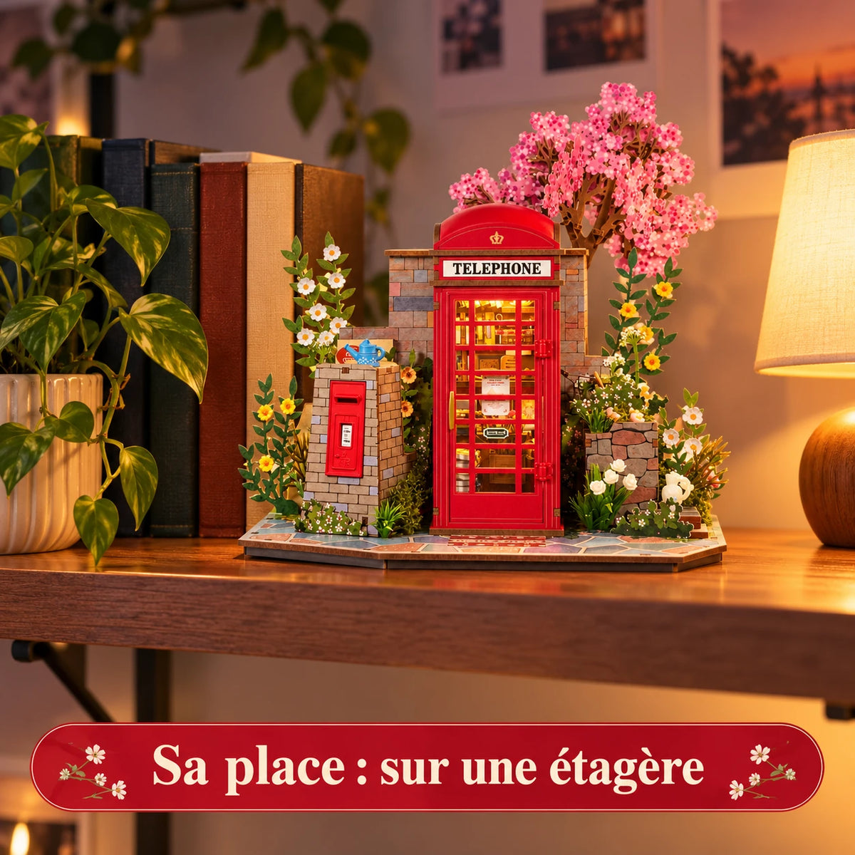 La Cabine Téléphonique Fleurie exposée sur une étagère