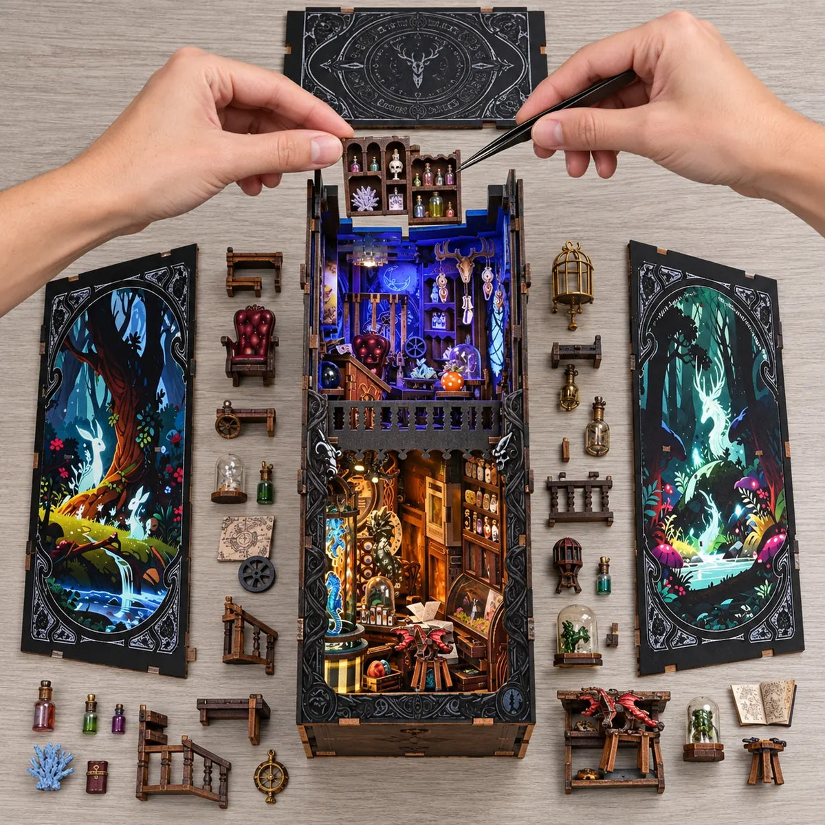 Montage du Cabinet des Bêtes Exotiques vu du dessus avec mains et étagère miniature