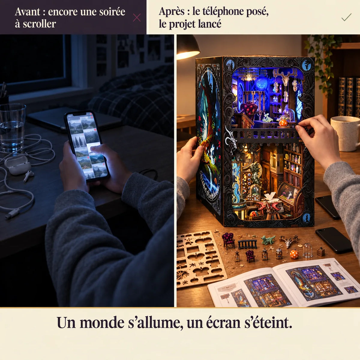 Before and after: the phone put down and the Cabinet of Exotic Creatures under construction