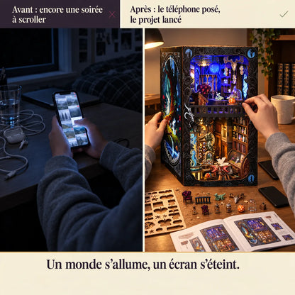 Before and after: the phone put down and the Cabinet of Exotic Creatures under construction