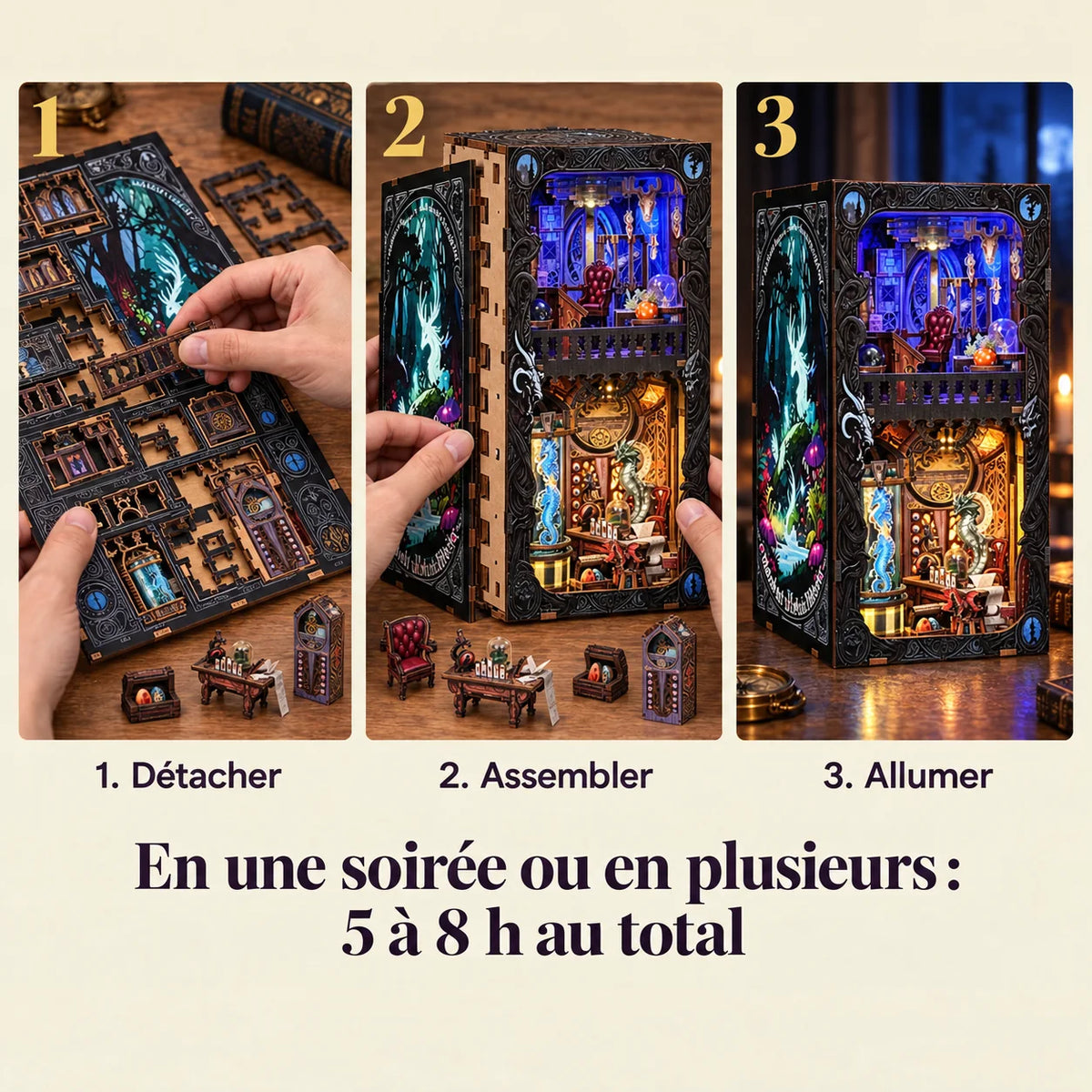 The three build steps of the Cabinet of Exotic Creatures kit