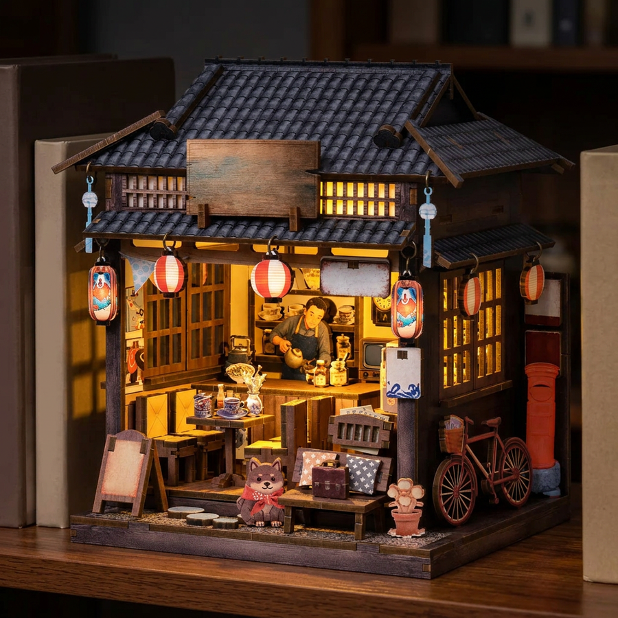 Étape 3 du montage de Le Café Showa : le kit terminé et allumé entre des livres