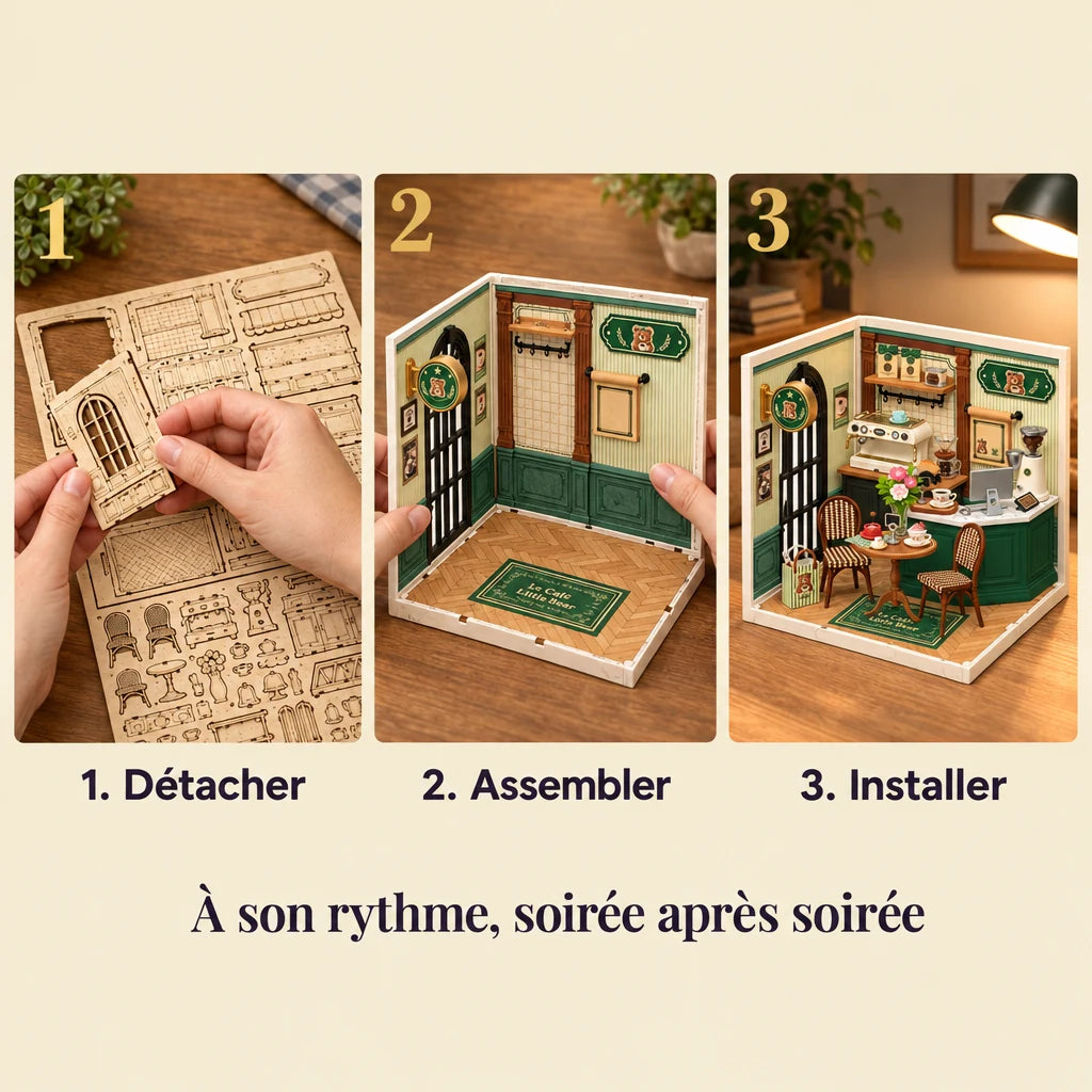 The three build steps of the Little Bear Café