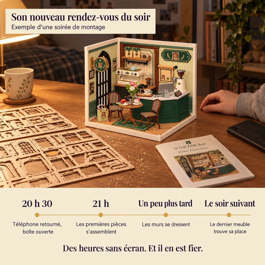 Timeline of an evening building the Little Bear Café, phone face down