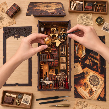 Montage du Carnet de Voyage vu du dessus avec mains et globe miniature