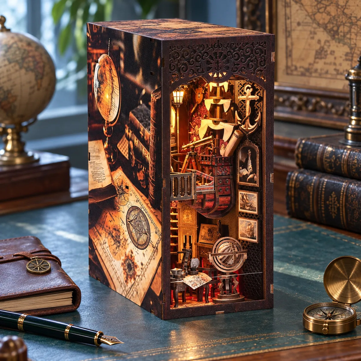 Vue trois quarts du Carnet de Voyage et de son panneau décoré de cartes